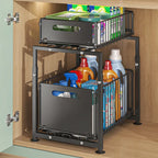 Under Sink Pull Out Storage Basket Double Layer Organizer, Multi-Tier Kitchen Cabinet Shelf for Spice, Snack & Can Storage