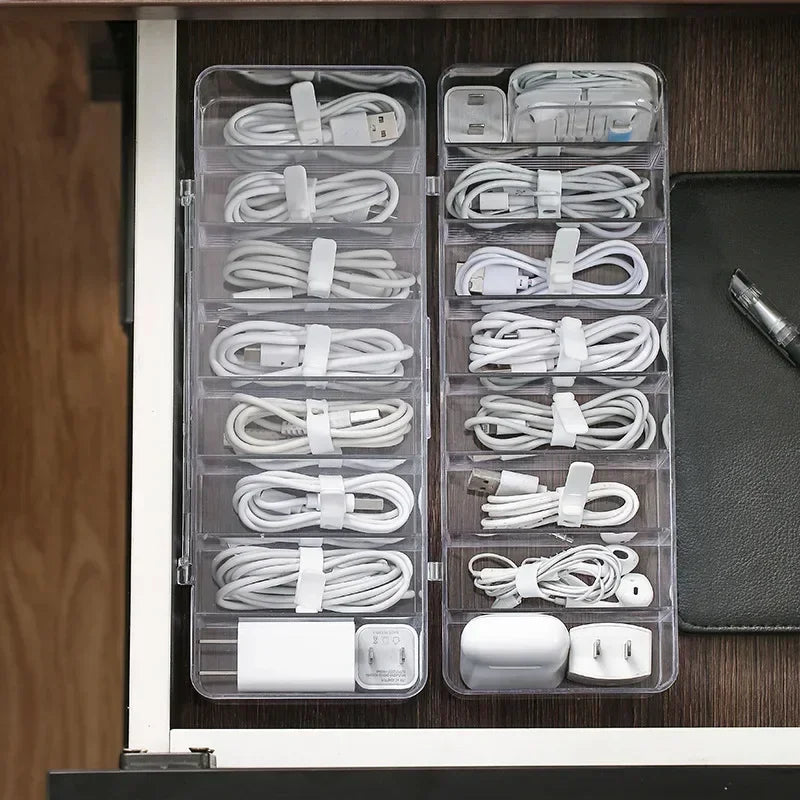 The Transparent Plastic Data Cable Storage Box Household Cable MobilePhone Charger Charging Cable Finishing Box Divided Grid Box