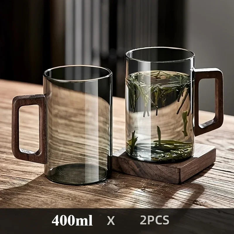 400ml Walnut Handle Glass Cup Heat-resistant Cup for Home Use Tea Making Cup Office Drinking Cup
