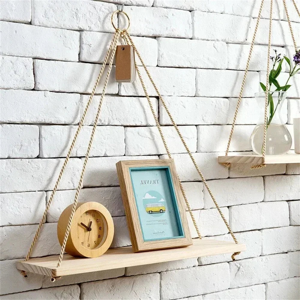 1Set Wood Hanging Shelves Swing Hanging Hemp Rope Wall Shelve Mounted Floating Home Living Room Plant Flower Pot Tray Storage