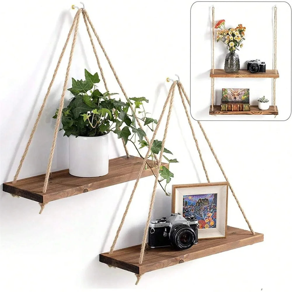1Set Wood Hanging Shelves Swing Hanging Hemp Rope Wall Shelve Mounted Floating Home Living Room Plant Flower Pot Tray Storage