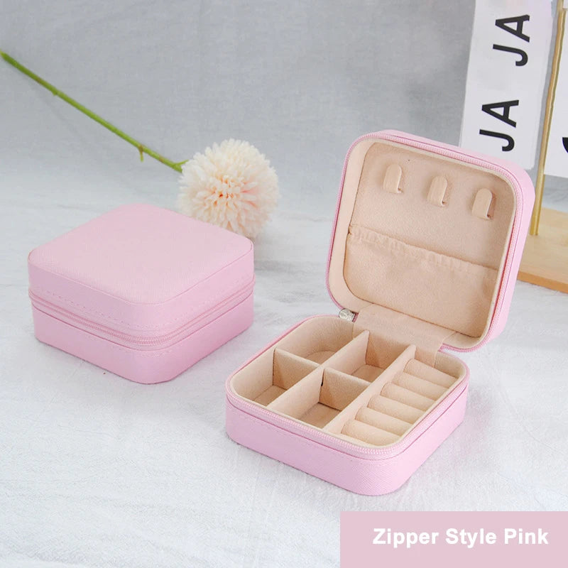 Portable Travel Jewelry Case, Mini Zipper Jewelry Storage Box, PU Leather Small Organizer for Rings Earrings Necklaces, Com