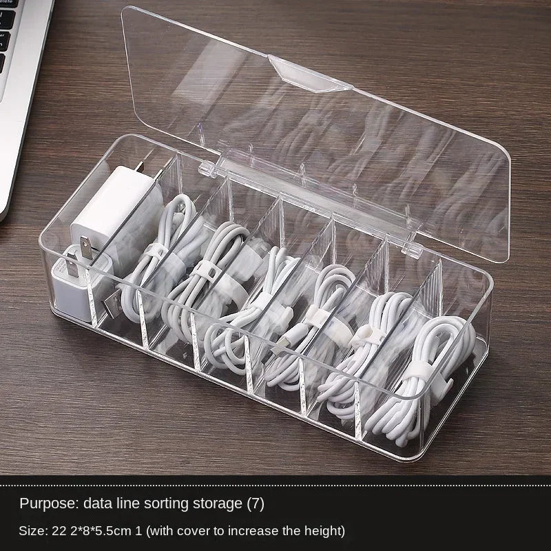 The Transparent Plastic Data Cable Storage Box Household Cable MobilePhone Charger Charging Cable Finishing Box Divided Grid Box