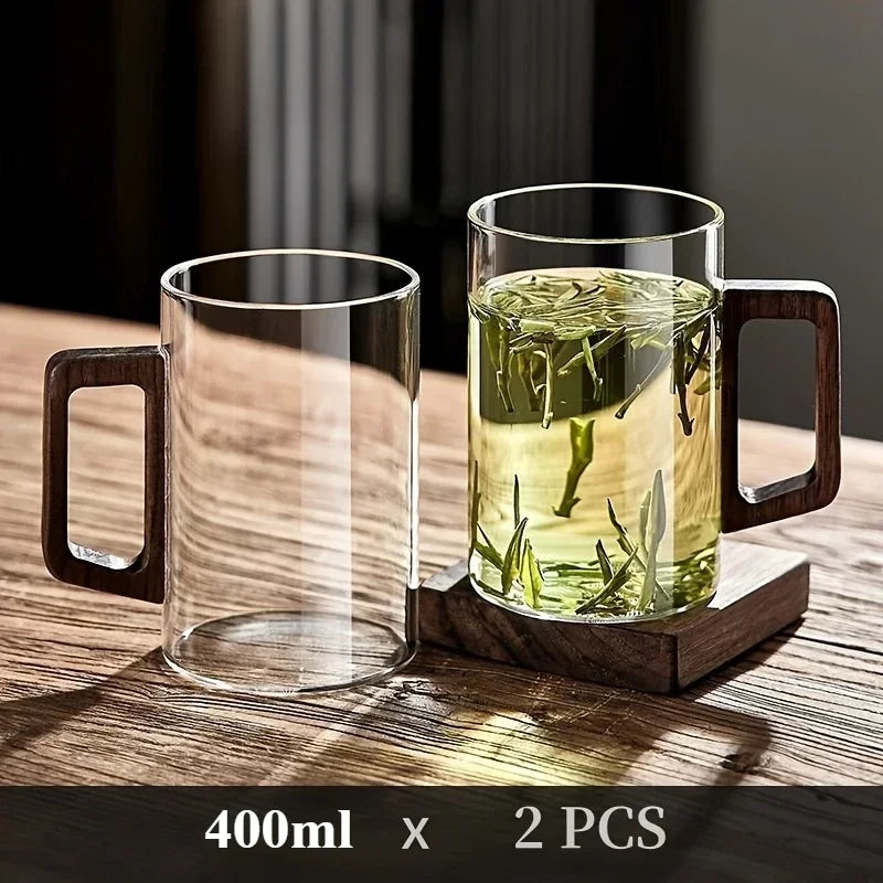 400ml Walnut Handle Glass Cup Heat-resistant Cup for Home Use Tea Making Cup Office Drinking Cup