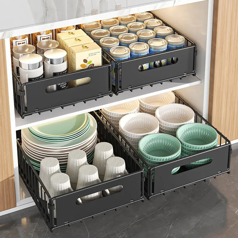 Non Perforated Folding Cabinet with Pull-out Basket Multifunctional Snack Storage Rack Household Kitchen Sink Storage Rack
