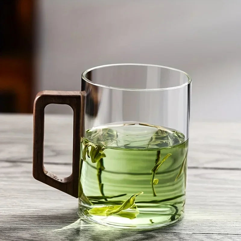 400ml Walnut Handle Glass Cup Heat-resistant Cup for Home Use Tea Making Cup Office Drinking Cup