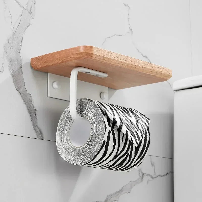 Wooden Toilet Paper Holder Bathroom Wall Mount WC Paper Phone Holder Shelf Storage Towel Roll Shelf Accessories