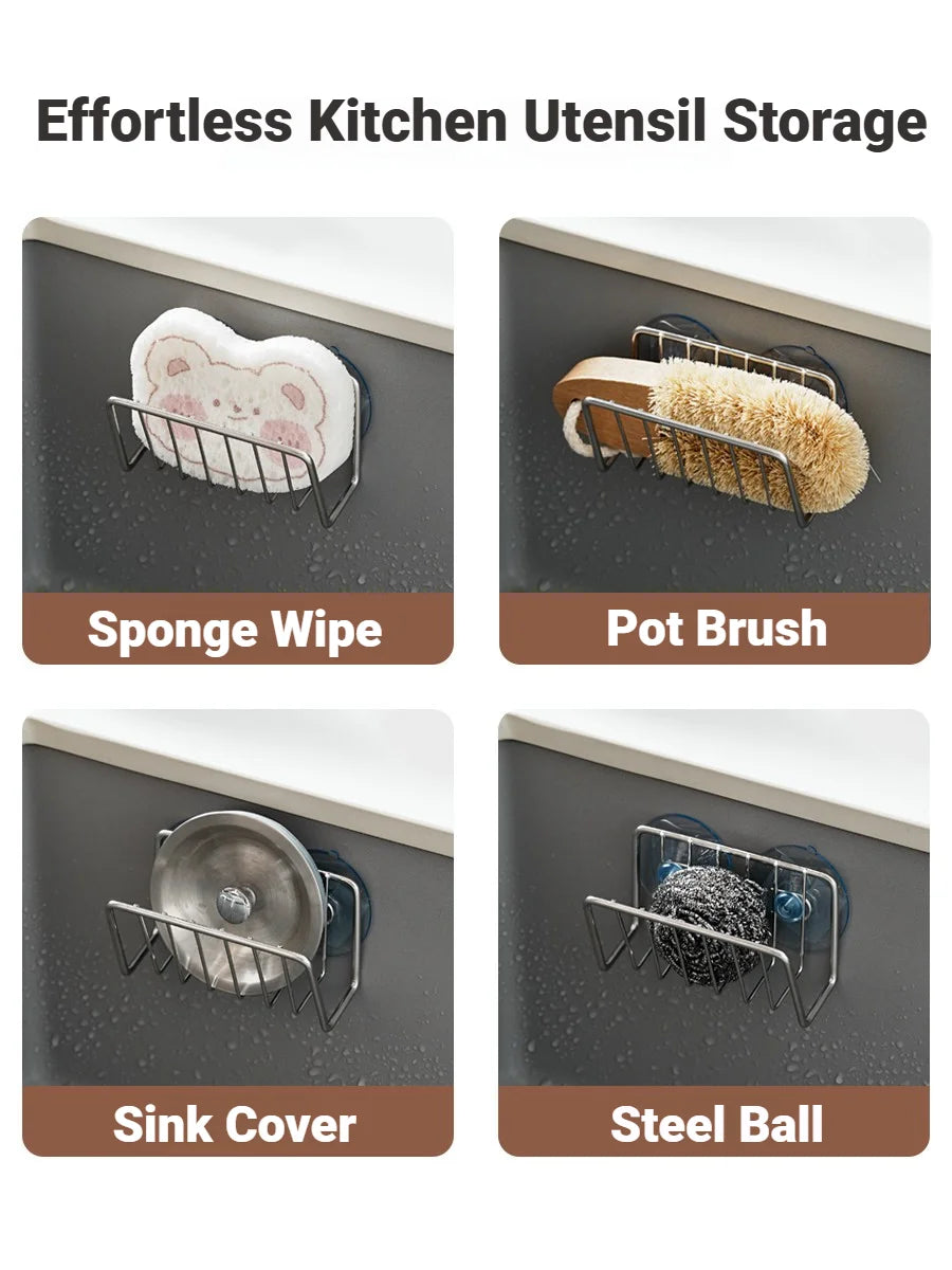 Stainless Steel Suction Cup Sponge Holder Drain Storage Caddy For Kitchen Sink Organization