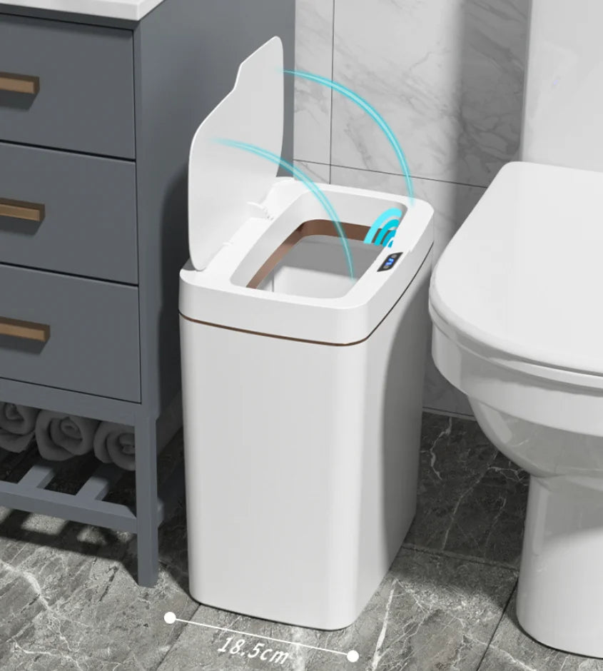 HTMCK White Touchless 15L Smart Sensor Trash Can – Electronic Bathroom Garbage Bin with Automatic Bagging, Smart Home Compatible
