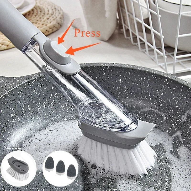 2-in-1 Kitchen Cleaning Brush with Long Handle Removable Sponge Dispenser Dishwashing Tool for Efficient Kitchen Hygiene
