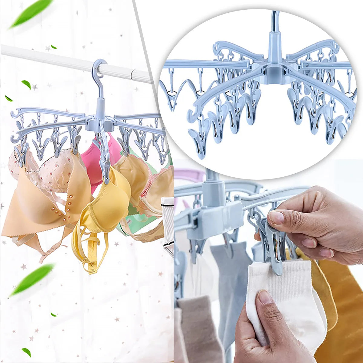 24 Clips Folding Clothes Dryer Rotatable Hanger Windproof Socks Underwear Drying Rack Home Storage Laundry Rack New Dropshipping