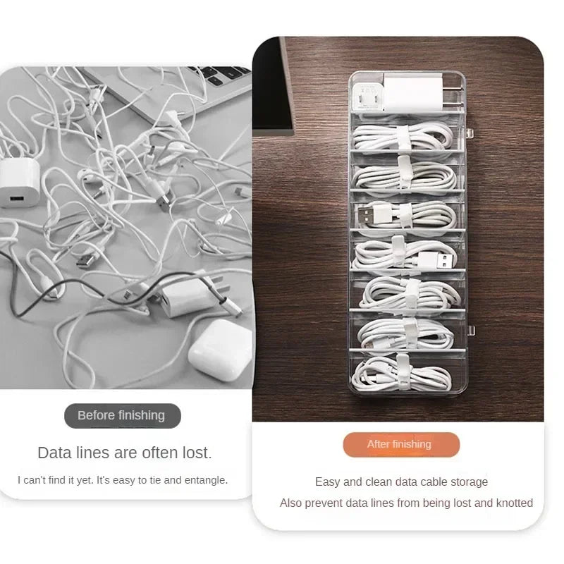 The Transparent Plastic Data Cable Storage Box Household Cable MobilePhone Charger Charging Cable Finishing Box Divided Grid Box