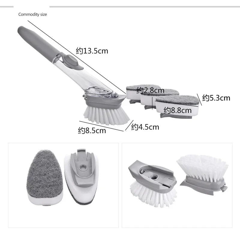 2-in-1 Kitchen Cleaning Brush with Long Handle Removable Sponge Dispenser Dishwashing Tool for Efficient Kitchen Hygiene