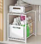 Under Sink Pull Out Storage Basket Double Layer Organizer, Multi-Tier Kitchen Cabinet Shelf for Spice, Snack & Can Storage