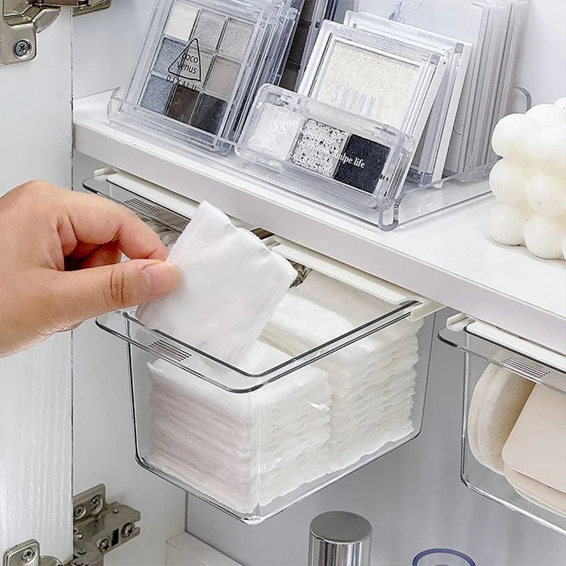 Transparent Drawer Storage Box Under Mirror Cabinet Oragnizer Bathroom Cotton Stick Makeup Pull-Out Case