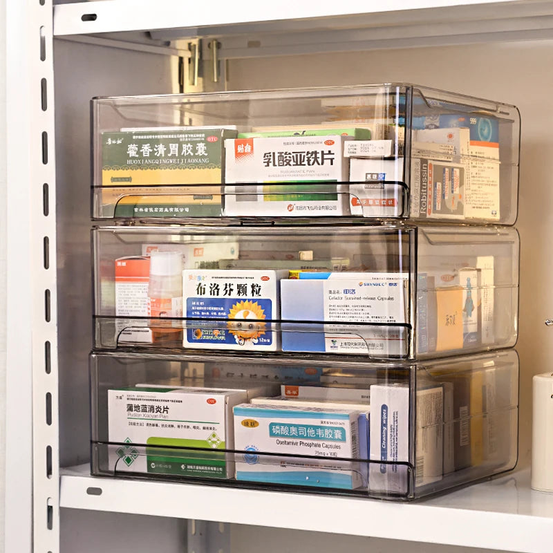 1pc Gray Drawer Acrylic Medicine Storage Box, Large Capacity Stackable Medicine Sorting Box, Pull-Out Medicine Box