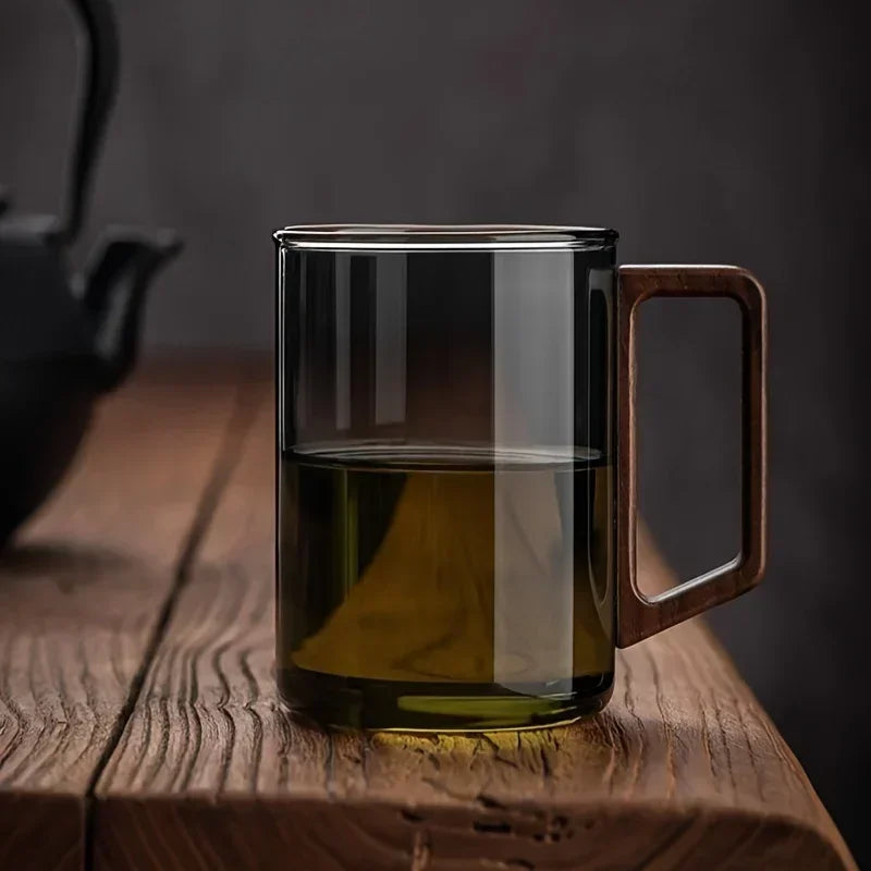 400ml Walnut Handle Glass Cup Heat-resistant Cup for Home Use Tea Making Cup Office Drinking Cup