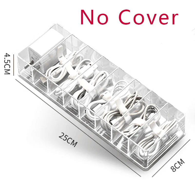 The Transparent Plastic Data Cable Storage Box Household Cable MobilePhone Charger Charging Cable Finishing Box Divided Grid Box