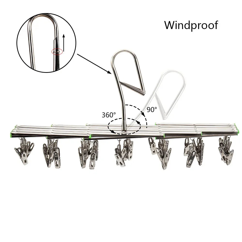 Folding Drying Rack with 35/20 Clips Stainless Steel Windproof Underwear Socks Clip Swivel Hook Hanger Space Saving Drying Rack