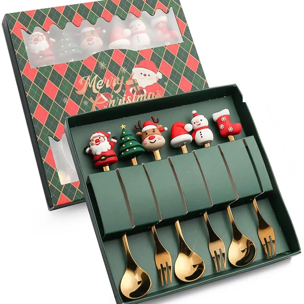 2/4/6Pcs Christmas Fork And Spoon Set,Stainless Steel Creative Tableware,Coffee Tea Dessert Forks And Spoons Gift Set