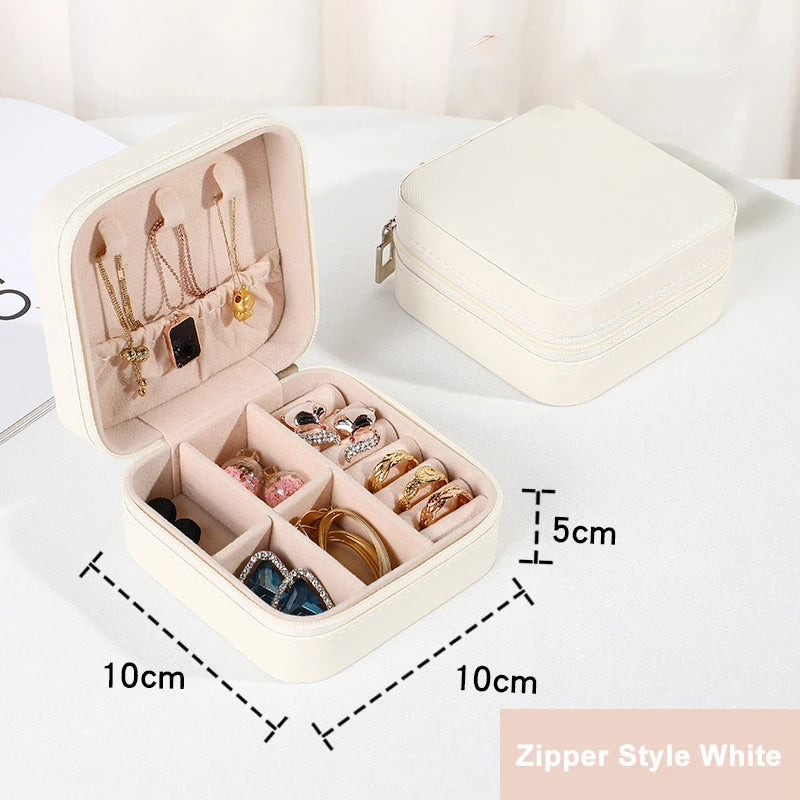 Portable Travel Jewelry Case, Mini Zipper Jewelry Storage Box, PU Leather Small Organizer for Rings Earrings Necklaces, Com