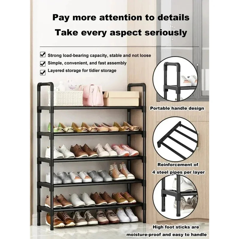 Black Simple Multi-Layer Elevated Shoe Rack, Space Saving Entryway Shoe Storage Shelf for Home Dormitory Rental House