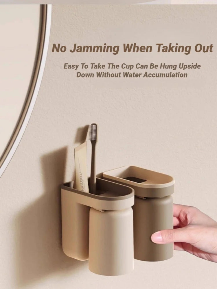 Innovative No Drill Wall Mounted Light Luxury Mouthwash Toothbrush Cup Storage Rack Couple Bathroom Organizer