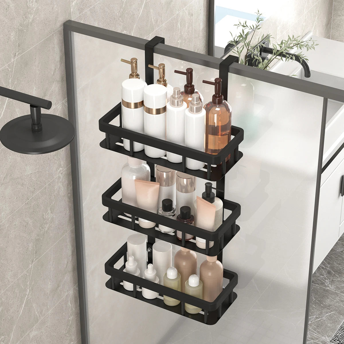 2/3 Layer Black Rust Proof Shower Storage Rack on Door No Drilling Required Large Capacity Bathroom Organizer Easy Install Showe