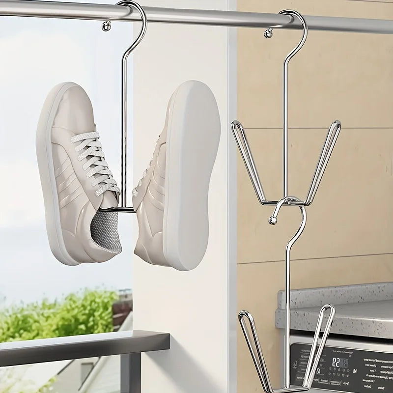 Stainless Steel Shoe Rack Hanger, Metal Hanging Shoe Organizer, Space Saving Drying Rack With Hook For Closet Rod, Silver