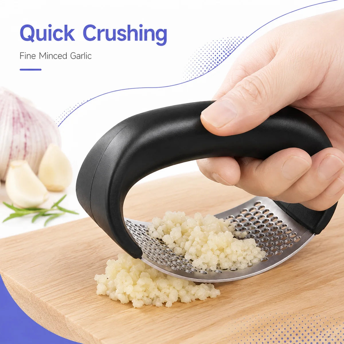 1PC Manual Garlic Press Rocker Stainless Steel Garlic Mincer Crusher Curved Handle Kitchen Tool Easy Clean Food Chopper Home Use