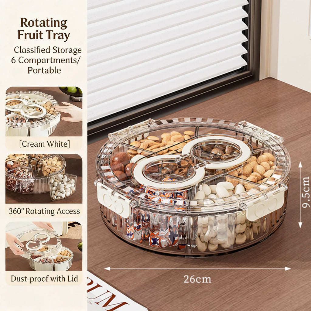 Divided Rotating Serving Tray with Lid and Handle, Portable Snackle Box for Fruits Snacks Veggie Charcuterie, Clear Snack Spinne