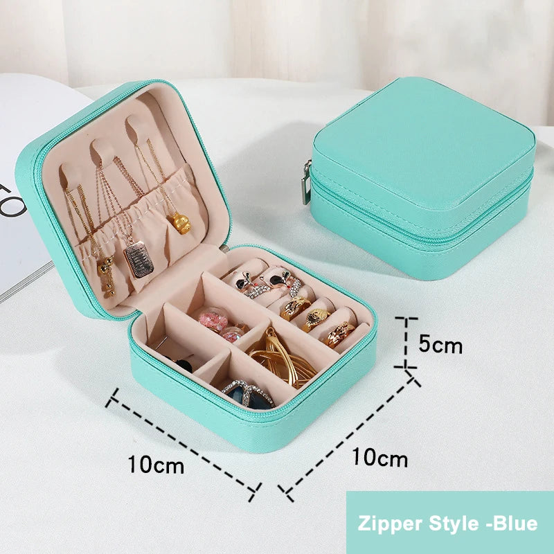 Portable Travel Jewelry Case, Mini Zipper Jewelry Storage Box, PU Leather Small Organizer for Rings Earrings Necklaces, Com