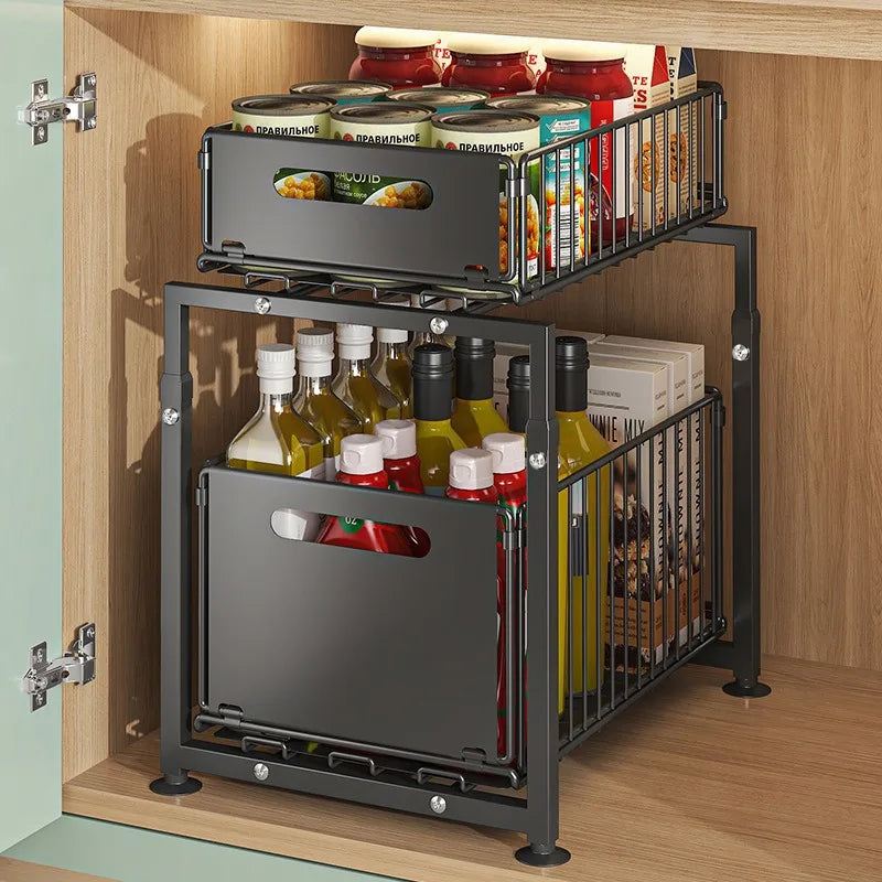 Under Sink Pull Out Storage Basket Double Layer Organizer, Multi-Tier Kitchen Cabinet Shelf for Spice, Snack & Can Storage