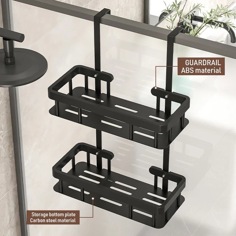 2/3 Layer Black Rust Proof Shower Storage Rack on Door No Drilling Required Large Capacity Bathroom Organizer Easy Install Showe
