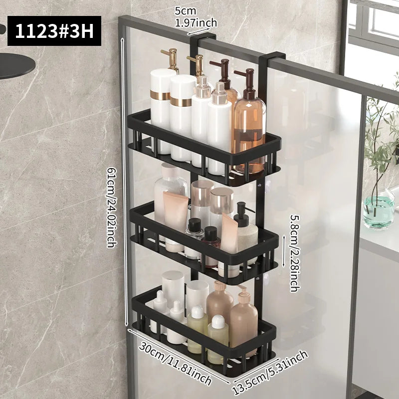 2/3 Layer Black Rust Proof Shower Storage Rack on Door No Drilling Required Large Capacity Bathroom Organizer Easy Install Showe