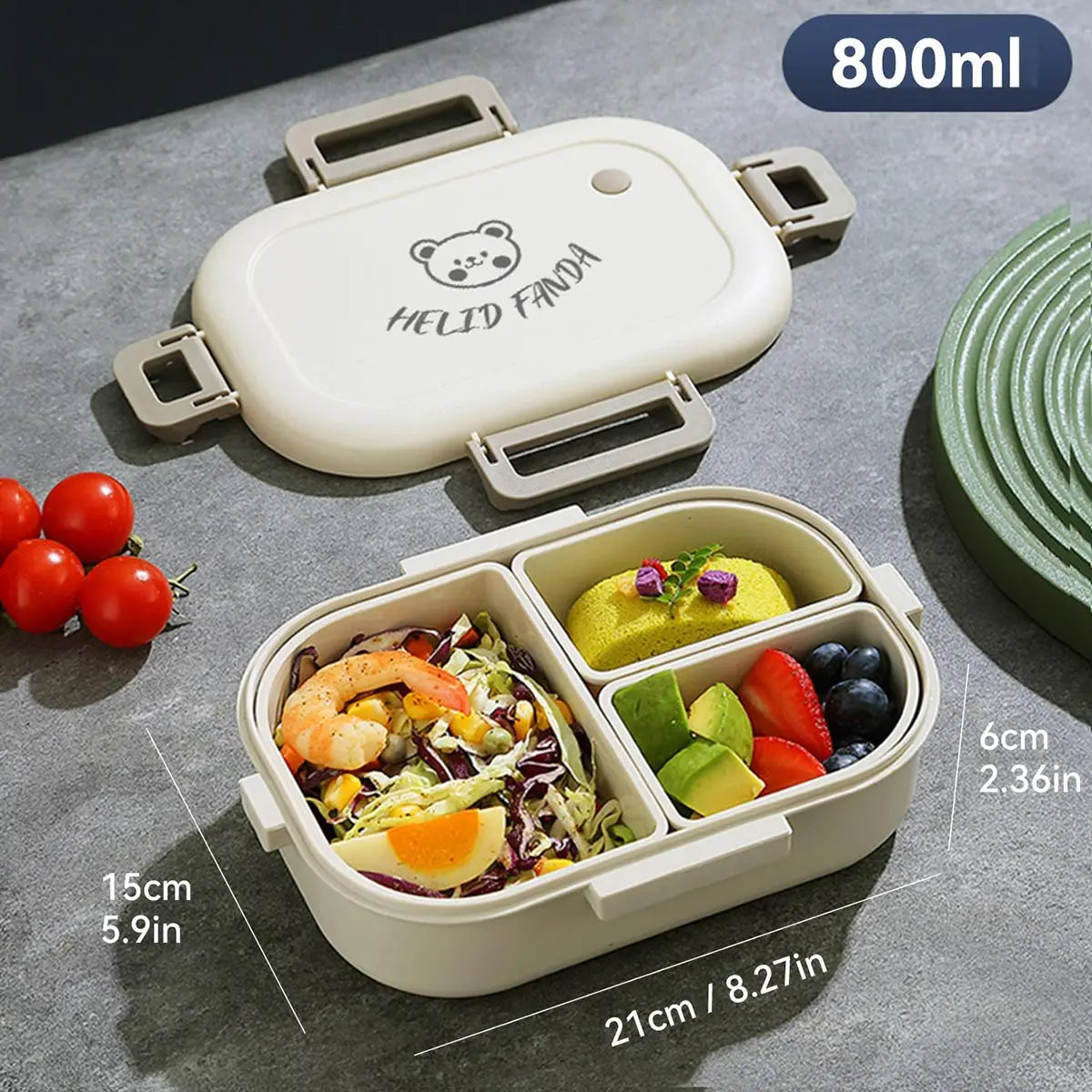 WORTHBUY Removable 3-Compartment Lunch Box 800ml Portable Plastic Bento Box Microwave School Student Kid Sealed Food Container