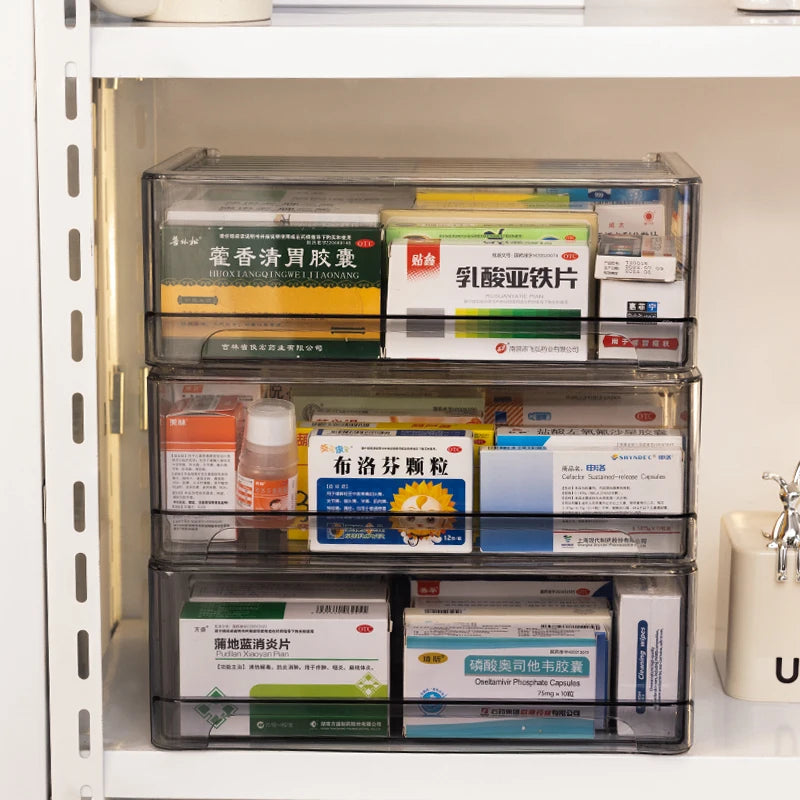 1pc Gray Drawer Acrylic Medicine Storage Box, Large Capacity Stackable Medicine Sorting Box, Pull-Out Medicine Box