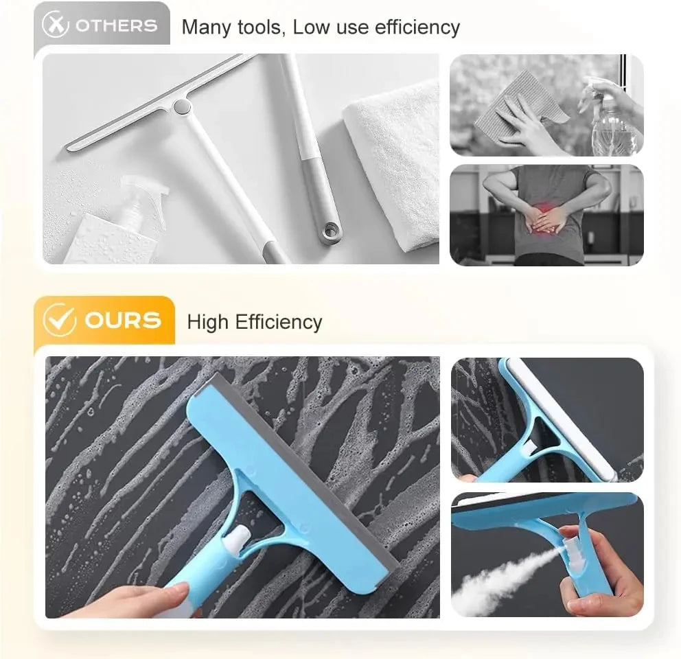 3‑In‑1 Spray Window Squeegee, Multifunctional Glass Cleaning Tool with Scrub Brush & Scraper, Streak‑Free Wiper for Windows, Mirrors, Shower Glass and Car Windshields