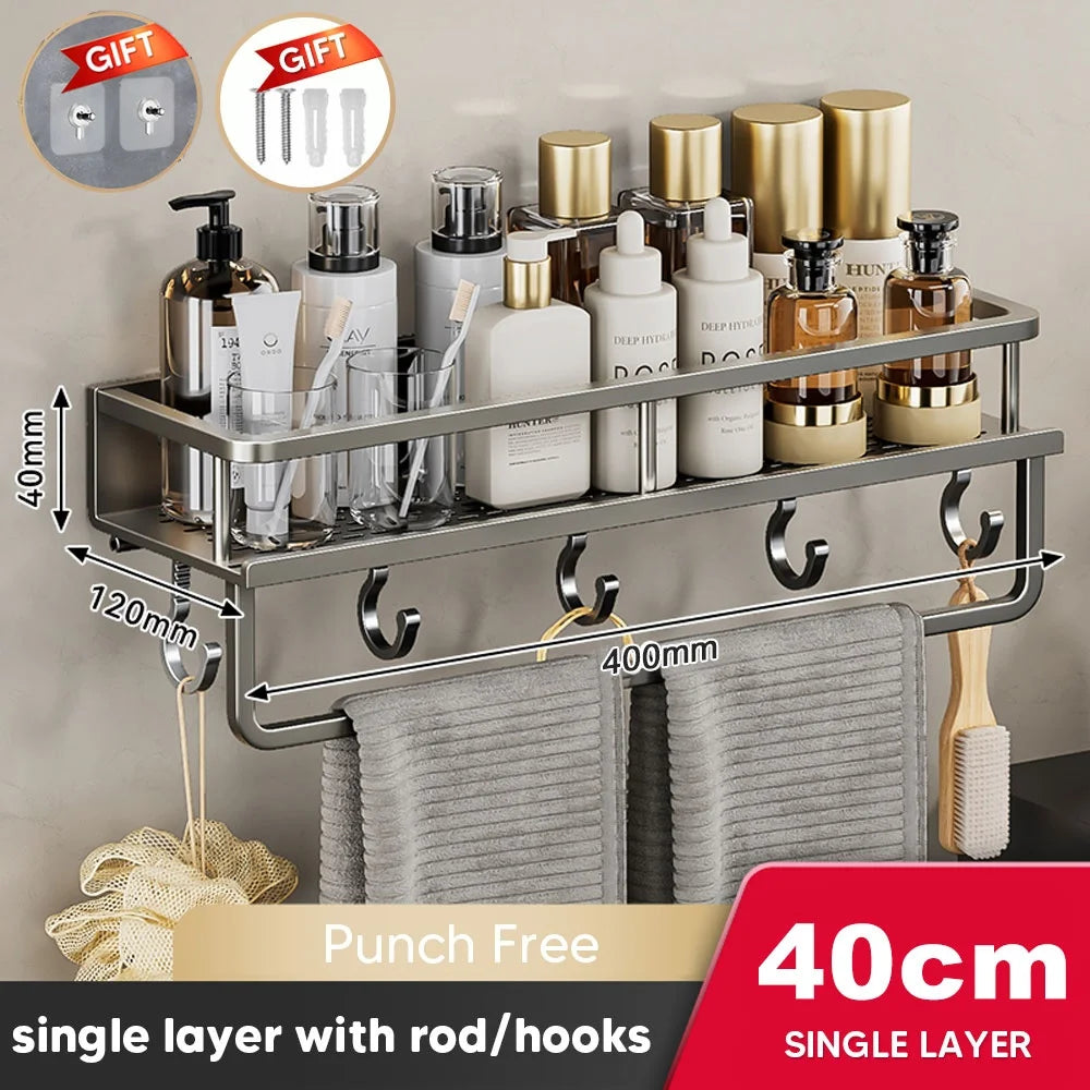 Aluminum Shower Organiser Bathroom Shelf Without Drilling Gray Wall Toilet Storage Shelf Shampoo Holder Bathroom Accessories