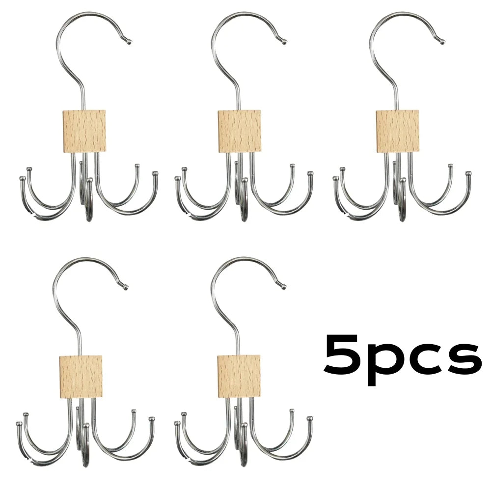 1/5pcs 360° Rotating Storage Hanger Hook Multi-Claw Bag Metal Belts Rack Wooden Organizer For Bras Ties Household Closet Acces