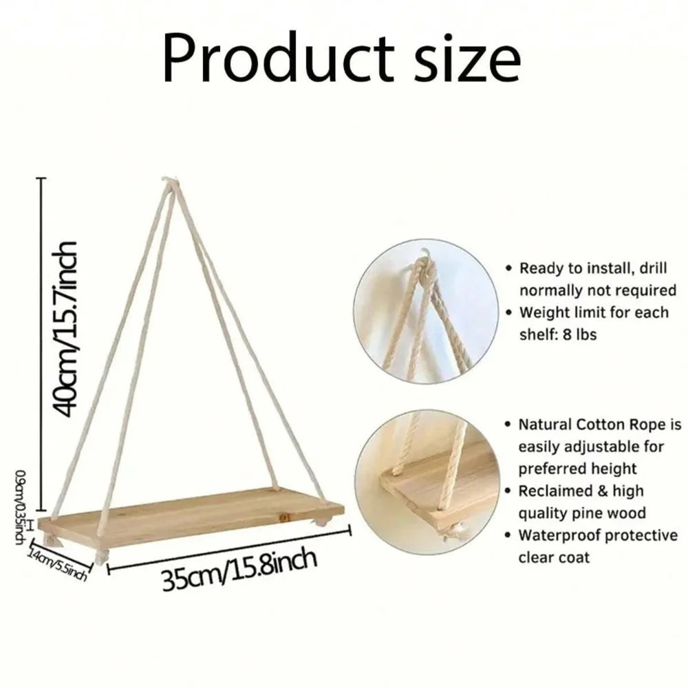 1Set Wood Hanging Shelves Swing Hanging Hemp Rope Wall Shelve Mounted Floating Home Living Room Plant Flower Pot Tray Storage