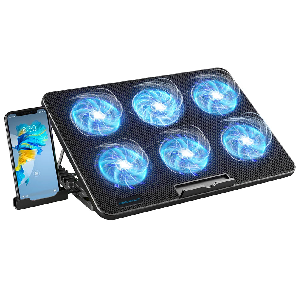 Coolcold 15.6-17.3inch Laptop Cooling Pad with 6 Quiet Fans,7 Height Wind Speed Adjustable,Laptop Cooer with Mobile Phone Holder