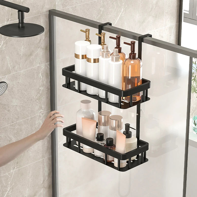 2/3 Layer Black Rust Proof Shower Storage Rack on Door No Drilling Required Large Capacity Bathroom Organizer Easy Install Showe