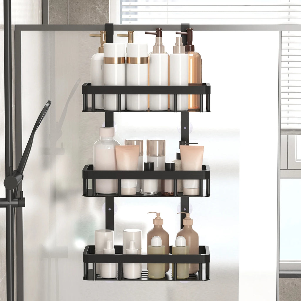 2/3 Layer Black Rust Proof Shower Storage Rack on Door No Drilling Required Large Capacity Bathroom Organizer Easy Install Showe