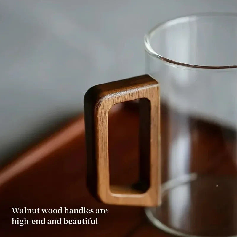 400ml Walnut Handle Glass Cup Heat-resistant Cup for Home Use Tea Making Cup Office Drinking Cup