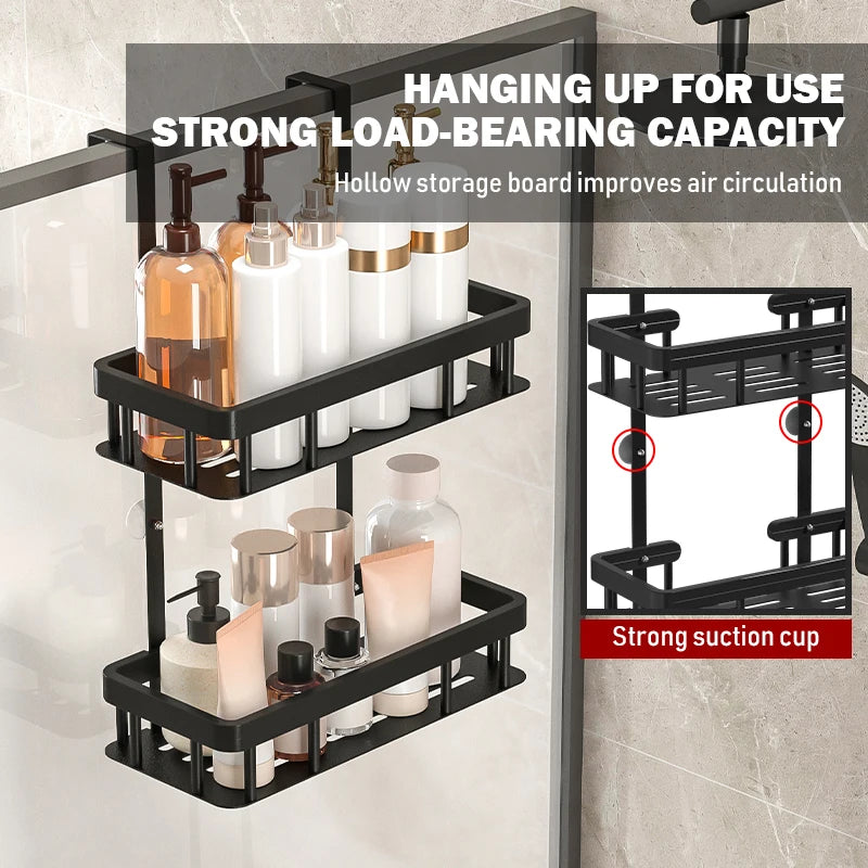 2/3 Layer Black Rust Proof Shower Storage Rack on Door No Drilling Required Large Capacity Bathroom Organizer Easy Install Showe