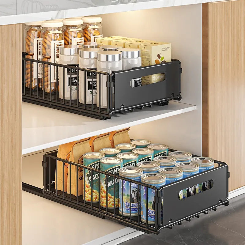 Non Perforated Folding Cabinet with Pull-out Basket Multifunctional Snack Storage Rack Household Kitchen Sink Storage Rack