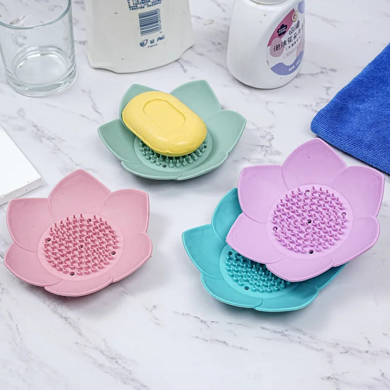 1pcs Bathroom Soap Box Lotus Design Soap Holder Silicone Soap Box Drain Box Bathroom Accessories