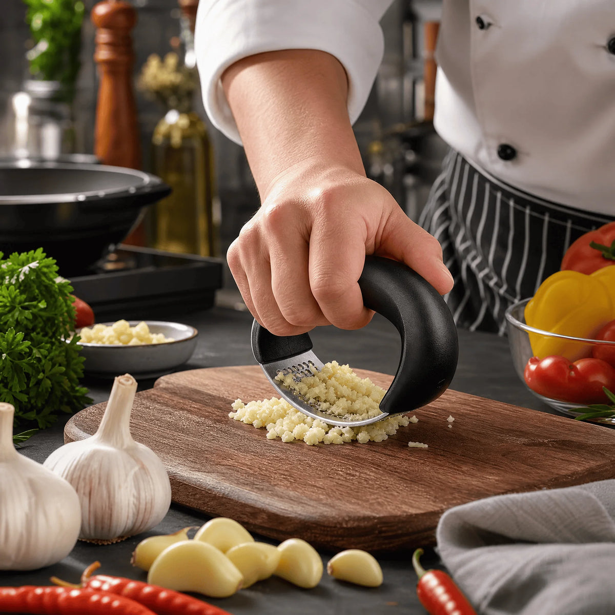 Stainless Steel Garlic Press, Curved Rocking Garlic Mincer Kitchen Gadget