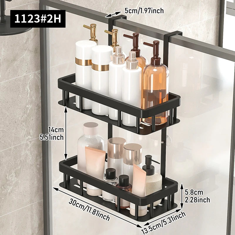 2/3 Layer Black Rust Proof Shower Storage Rack on Door No Drilling Required Large Capacity Bathroom Organizer Easy Install Showe